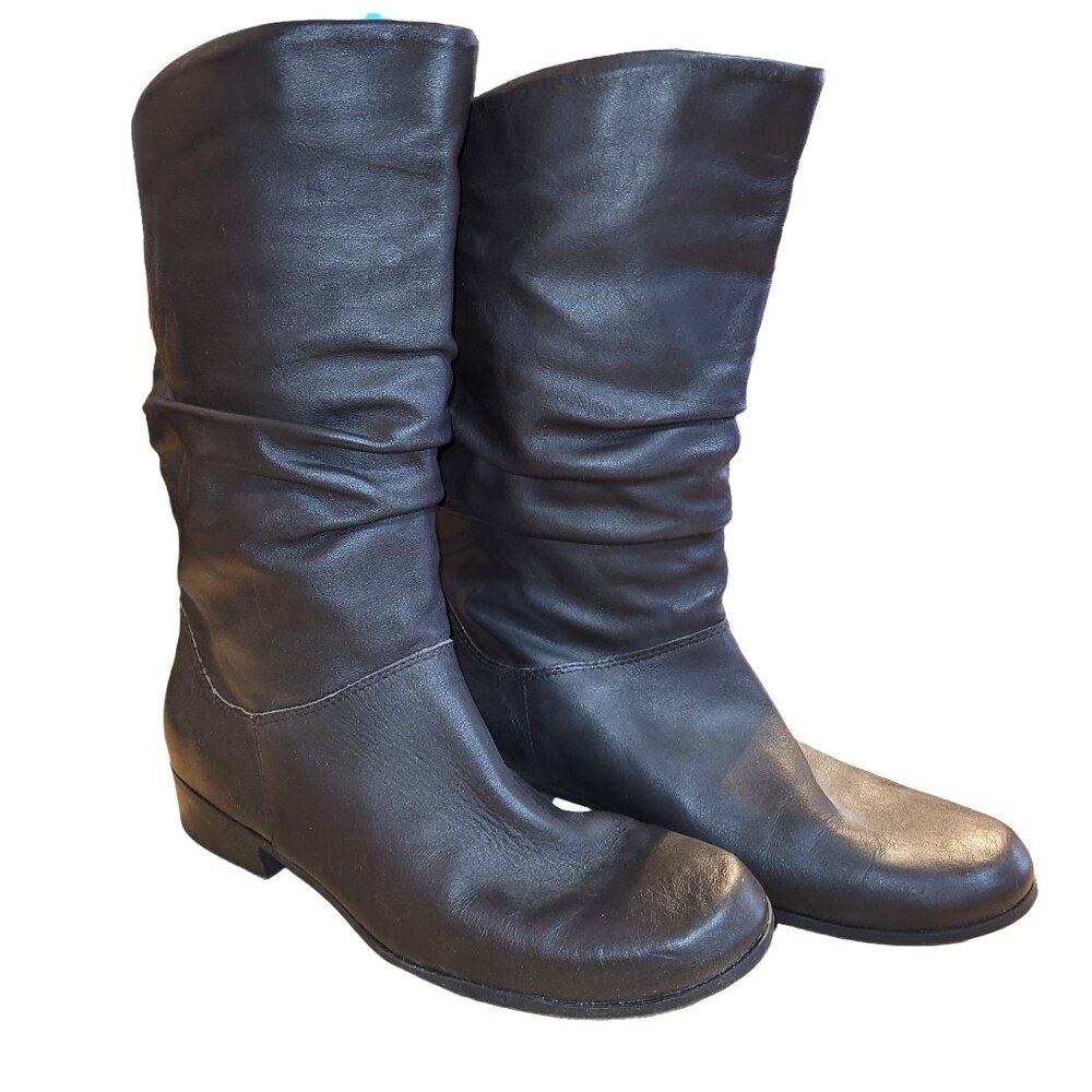 Womens 8 Dark Brown Faux Leather Mid Calf Slouch Boots Low 1” Block Heel